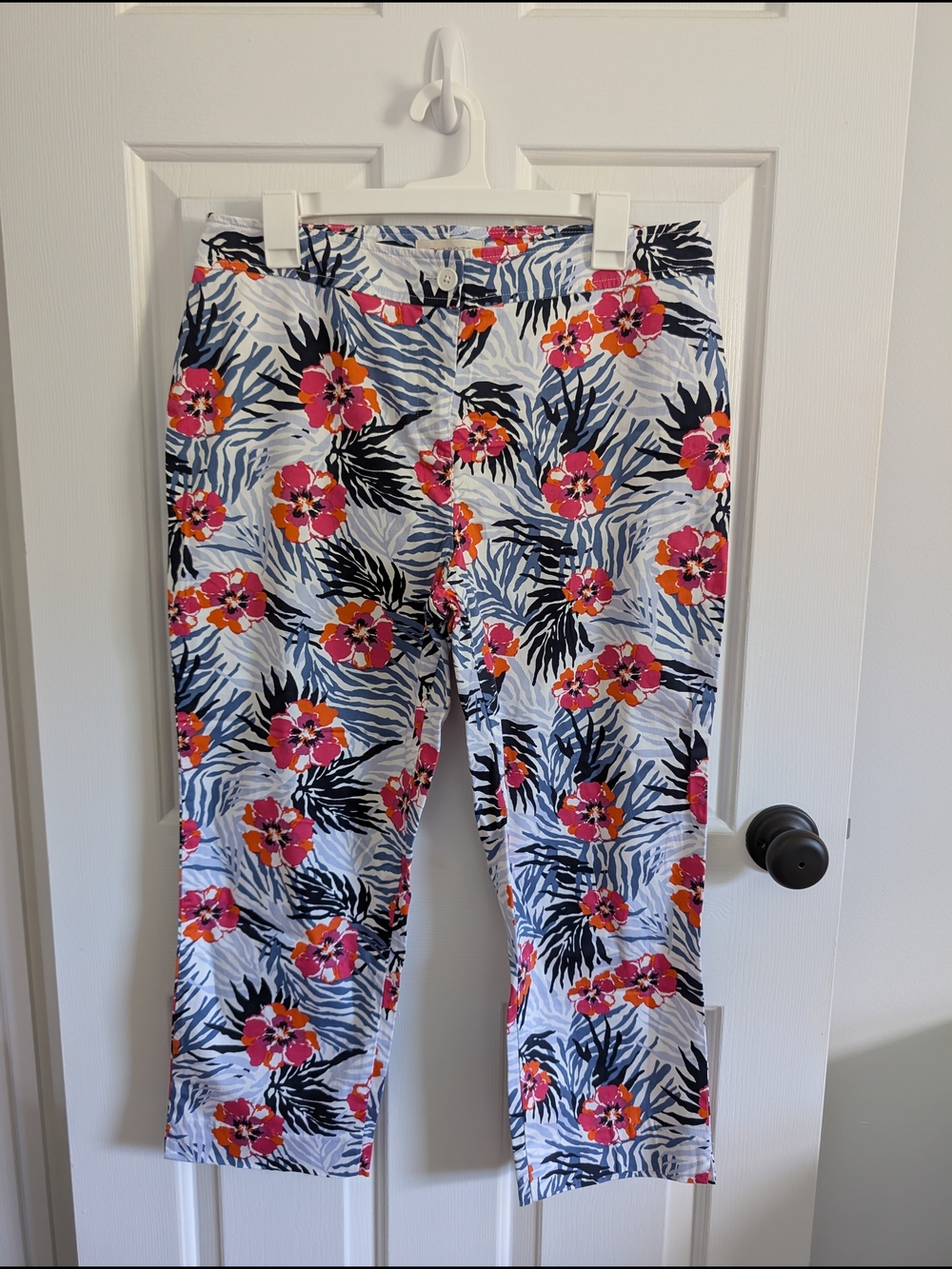Talbots Womens Tropical Floral Pink Cotton Blend Cropped Pants Size 10